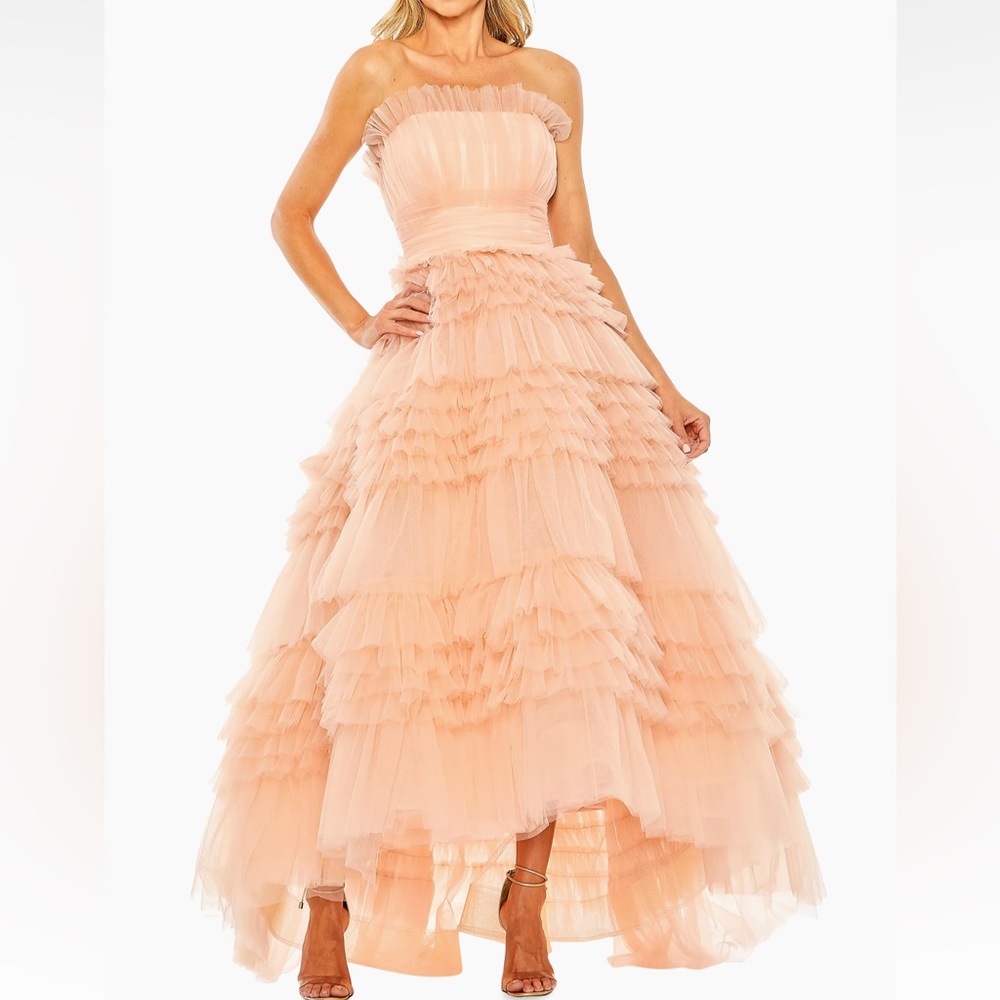 Mac Duggal Peach Mac Strapless Ruffle Gown